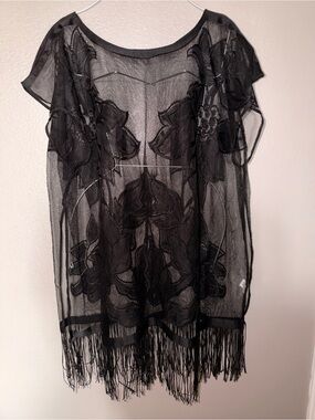 Black Sheer Floral Fringe Swim Coverup - Elegant Beach Tunic